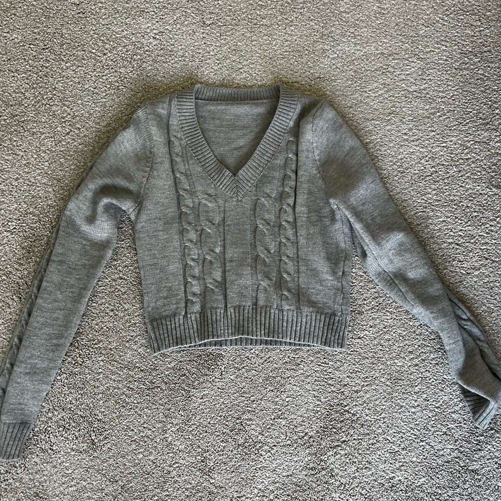Womens Cropped Grey Cable Knit Sweater